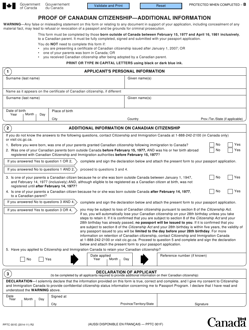 Form PPTC001 Download Fillable PDF Or Fill Online Proof Of Canadian Form PPTC001 Download Fillable PDF Or Fill Online Proof Of Canadian