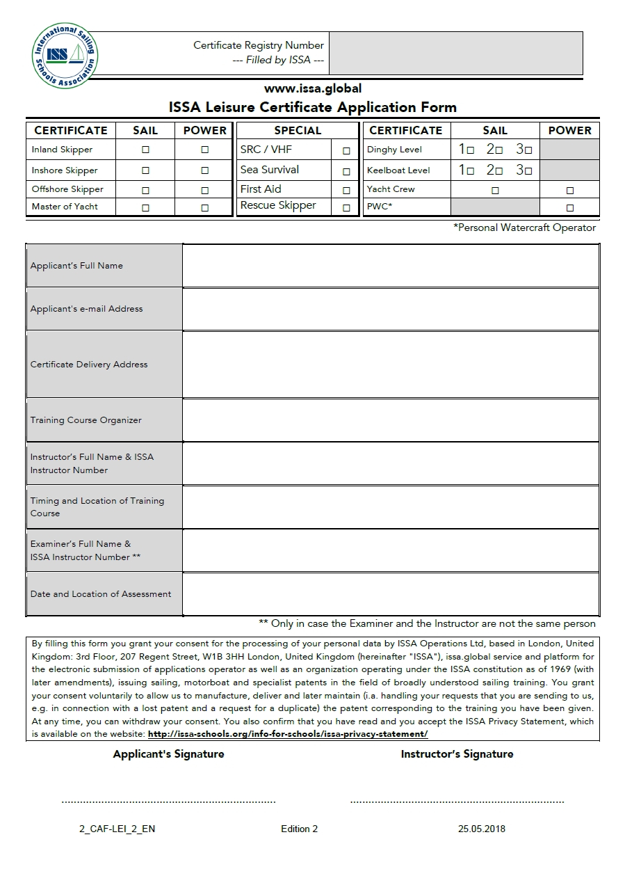 ISSA Leisure Certificate Application Form ISSA International Sailing ISSA Leisure Certificate Application Form ISSA International Sailing
