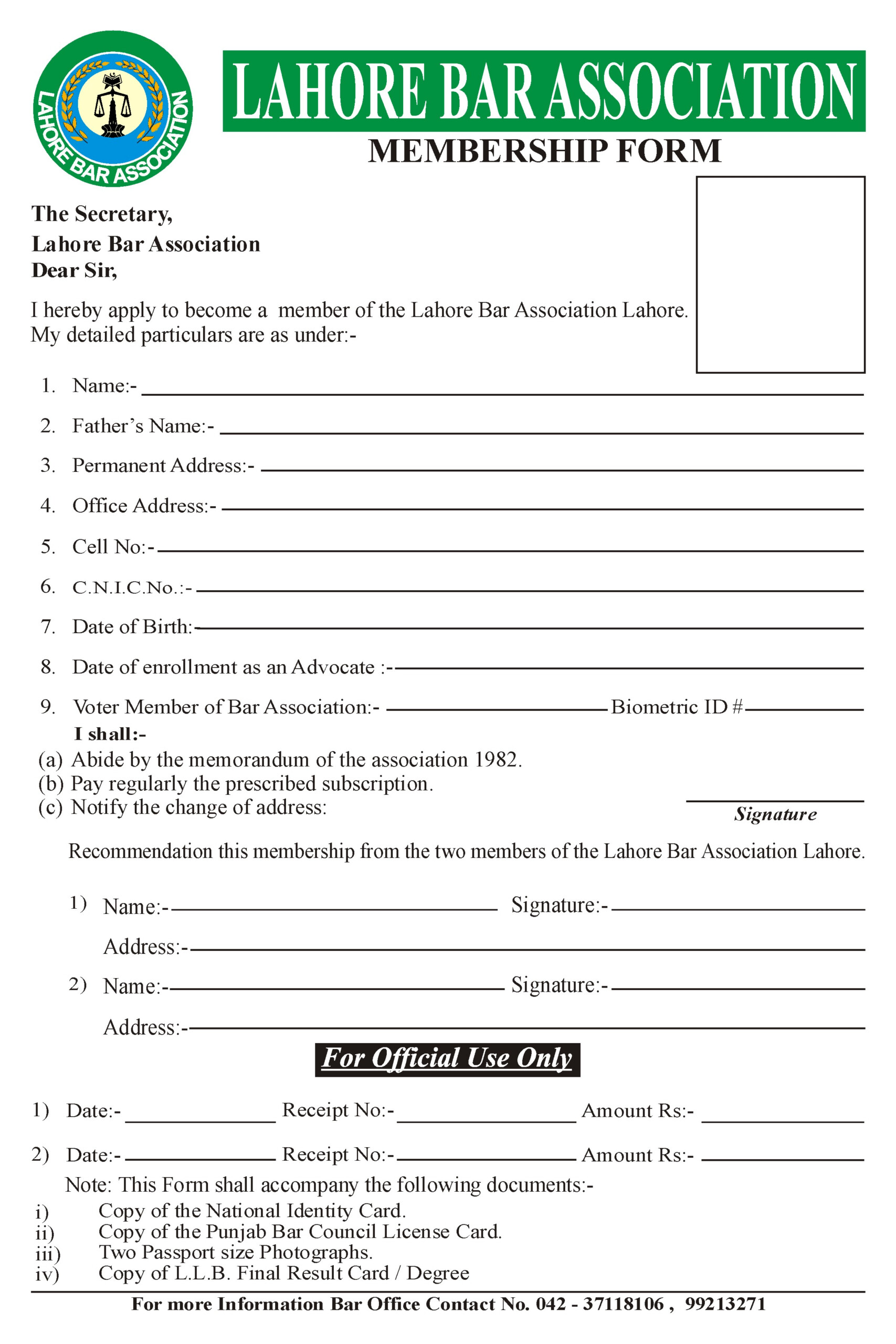 MEMBERSHIP FORM Lahore Bar Association MEMBERSHIP FORM Lahore Bar Association