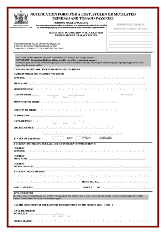 Notification Form For A Lost Stolen Or Mutilated Trinidad And Tobago Notification Form For A Lost Stolen Or Mutilated Trinidad And Tobago