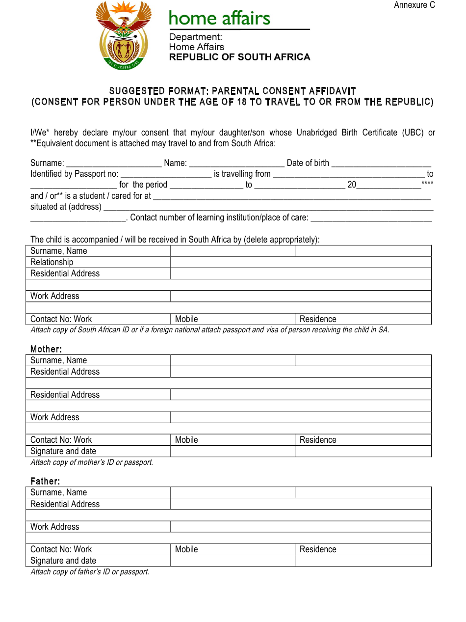 South Africa Parental Consent Affidavit Form Download Printable PDF South Africa Parental Consent Affidavit Form Download Printable PDF